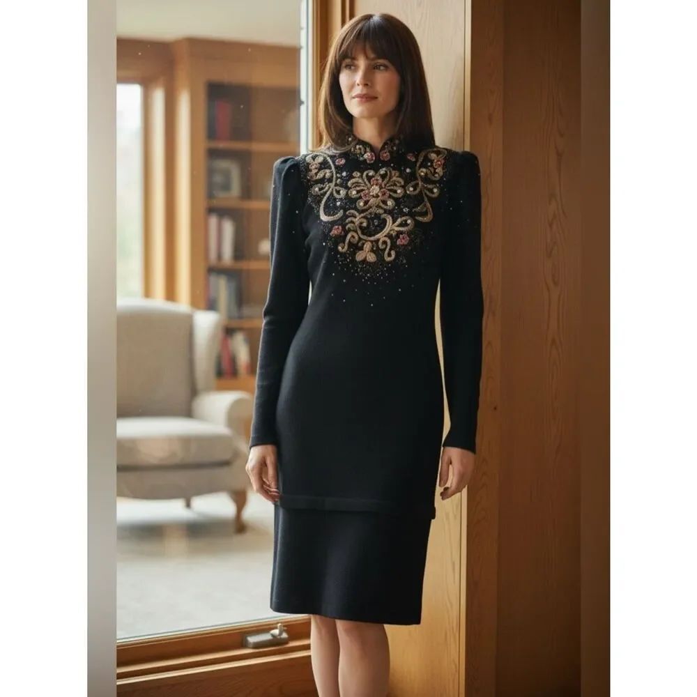 Vintage Lillie Rubin Black Gold Sequin Embellished Puff Sleeves Midi Dress S
